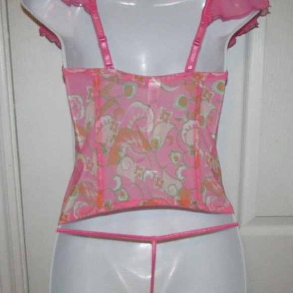 Pink Floral Zip and Lace Up Front Corset Set - NEW - Picture 6 of 10